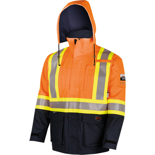 4484 Defender&reg; FR/Arc/Antistatic Trilaminate Safety Jacket, Small, Black/High Visibility Orange, 11 cal/cm² Trail Hammer and Bolt