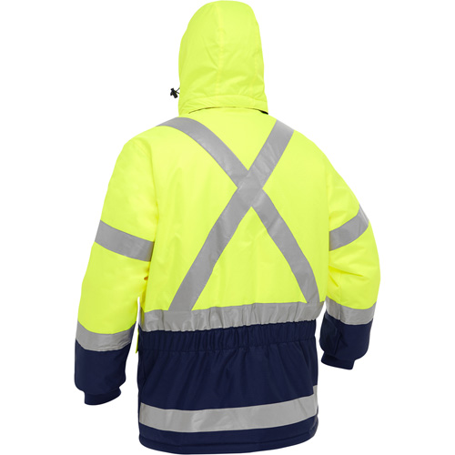 Manteau pour le froid extr&ecirc;me avec bas bleu marin et X au dos Bisley, Polyester, Jaune lime haute visibilit&eacute;, Moyen Trail Hammer and Bolt