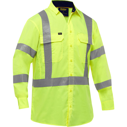 Bisley&reg; X-Back Long Sleeve Work Shirt with X-Airflow, Poly-Cotton, Small, High Visibility Lime-Yellow Trail Hammer and Bolt