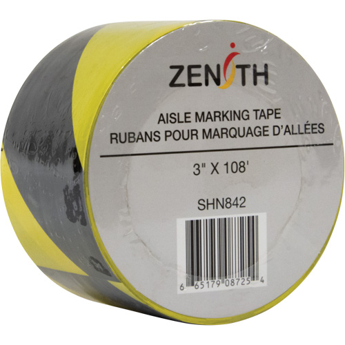 Aisle Marking Tape, 3" x 108', PVC, Black and Yellow Trail Hammer and Bolt