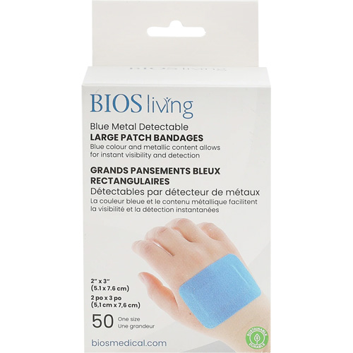 Blue Large Patch Bandages, Rectangular/Square, 3", Fabric Metal Detectable, Sterile Trail Hammer and Bolt