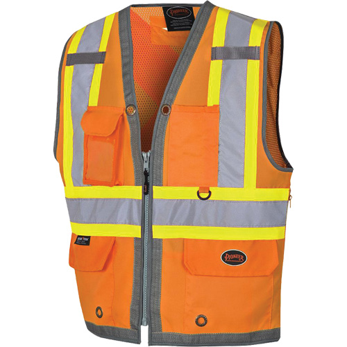 Pioneer Mesh Back Zip Front Surveyor Safety Vest, High Visibility Orange, Small, Polyester Trail Hammer and Bolt