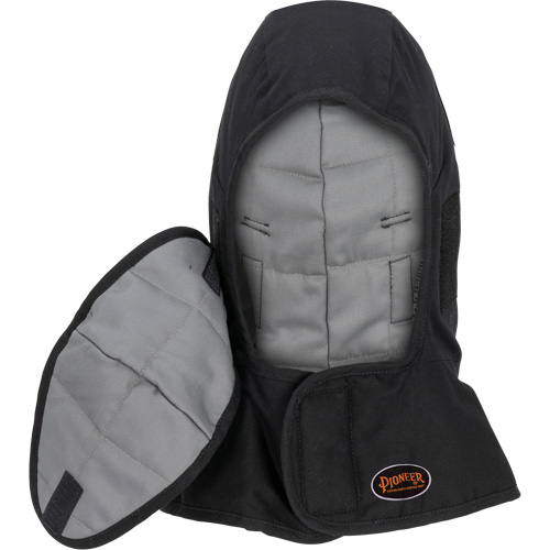 Doublure matelass&eacute;e ignifug&eacute;e Pioneer 765A pour casque de s&eacute;curit&eacute; avec un long cou et embout buccal amovible, Noir/Gris, Coton/FR-Tech/Modacrylique/Nylon Trail Hammer and Bolt