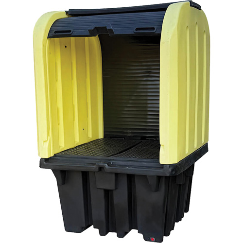 Yellow Roll Top Hardcover Spill Pallet with Drain, 65" L x 65" W x 101" H, 5000 lbs. Load Capacity Trail Hammer and Bolt