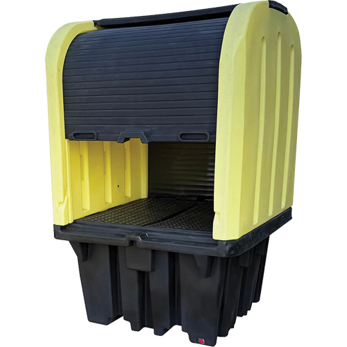 Yellow Roll Top Hardcover Spill Pallet with Drain, 65" L x 65" W x 101" H, 5000 lbs. Load Capacity Trail Hammer and Bolt