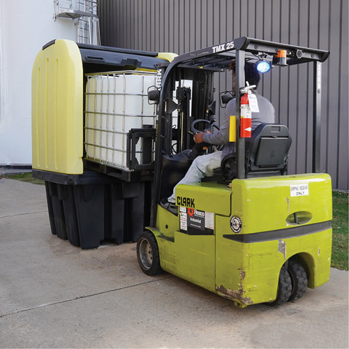 Yellow Roll Top Hardcover Spill Pallet with Drain, 65" L x 65" W x 101" H, 5000 lbs. Load Capacity Trail Hammer and Bolt