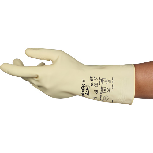 AlphaTec&reg; 87-137 Lightweight Natural Gloves, Size 7, 11.8" L, Rubber Latex, 16-mil Trail Hammer and Bolt