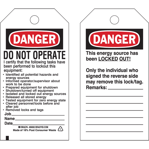 Lockout Tags, Plastic, 3" W x 5-1/2" H, English Trail Hammer and Bolt