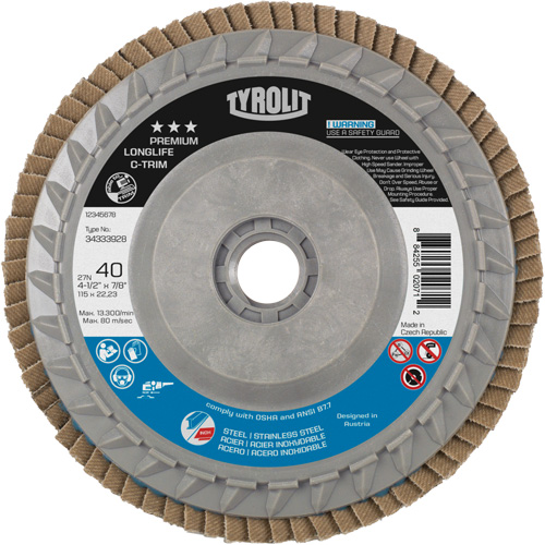 Long Life C-Trim Flap Disc, 4-1/2" x 5/8"-11, Type 27, 40 Grit, Zirconia Alumina Trail Hammer and Bolt