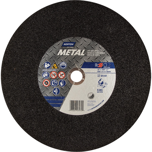 Meule Metal A pour scie &agrave; tronçonner, 14" x 3/32", Arbre de 1", Type 01/41, Oxyde d'aluminium, 4365 Tr/min Trail Hammer and Bolt