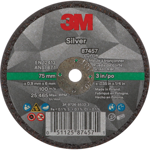 Silver Cut-Off Wheel, 3" x 0.04", 1/4"-28 Arbor, Type 1, Ceramic, 25645 RPM Trail Hammer and Bolt