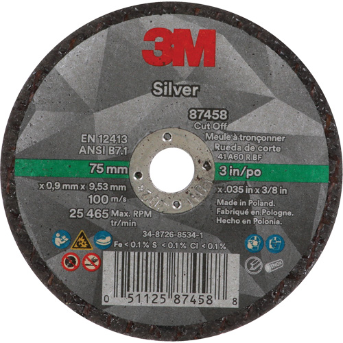 Silver Cut-Off Wheel, 3" x 0.04", 3/8"-24 Arbor, Type 1, Ceramic, 25645 RPM Trail Hammer and Bolt