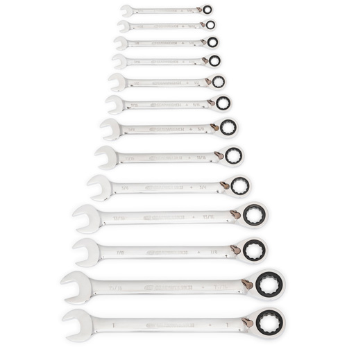 72-Tooth 12 Point Reversible Ratcheting SAE Wrench Set, Combination, 13 Pieces, Imperial Trail Hammer and Bolt