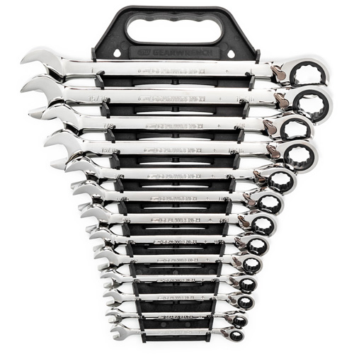 72-Tooth 12 Point Reversible Ratcheting SAE Wrench Set, Combination, 13 Pieces, Imperial Trail Hammer and Bolt