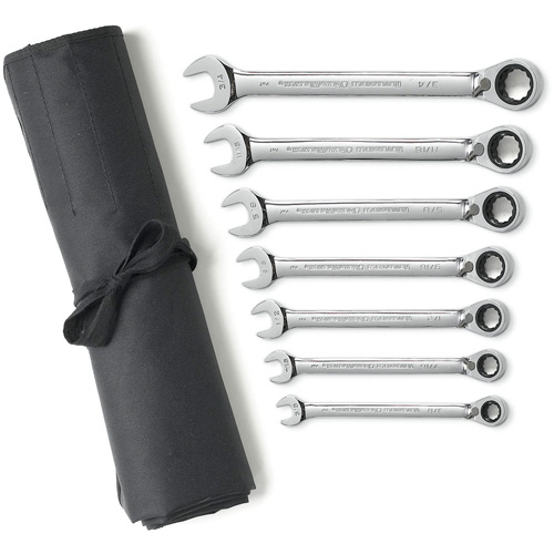 72-Tooth 12 Point Reversible Ratcheting SAE Wrench Set with Tool Roll, Combination, 7 Pieces, Imperial Trail Hammer and Bolt