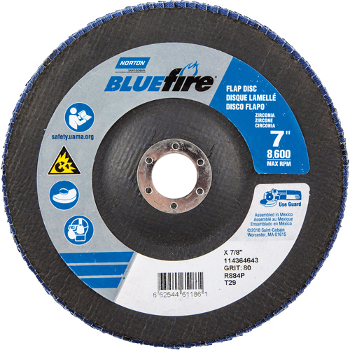 Disque &agrave; lamelles &agrave; grain grossier BlueFire, 7" x 7/8", Type 27, Grain 80, Alumine de zirconium Trail Hammer and Bolt
