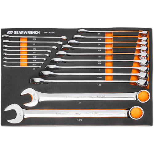 12-Point Long Pattern Combination SAE Wrench Set in Foam Storage Tray, Open-Ended, 19 Pieces, Imperial Trail Hammer and Bolt