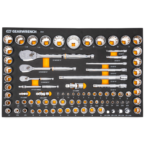 Jeu d'outils SAE/m&eacute;triques pour m&eacute;canicien &agrave; 90 dents 1/4", 3/8" & 1/2" avec plateau de rangement en mousse Trail Hammer and Bolt