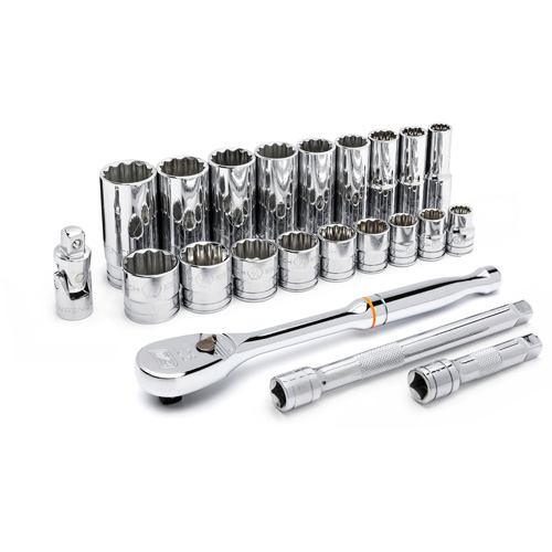 12 Point SAE Mechanics Tool Set, 22 Pcs, 3/8" Drive Size, Deep Trail Hammer and Bolt