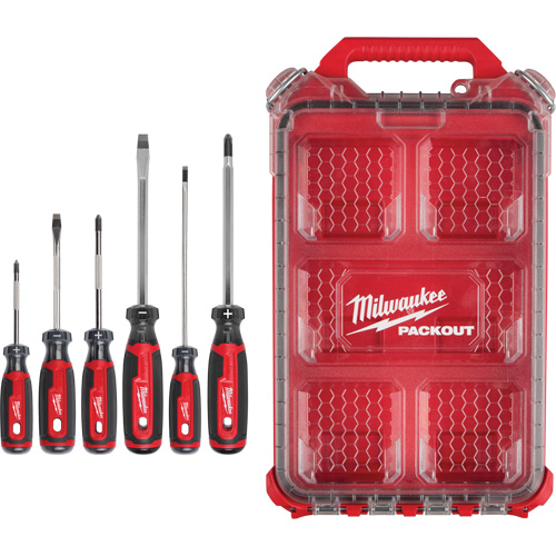 Cushion Grip Screwdrivers Set with PACKOUT Low-Profile Compact Organizer, 6 Pcs. Trail Hammer and Bolt