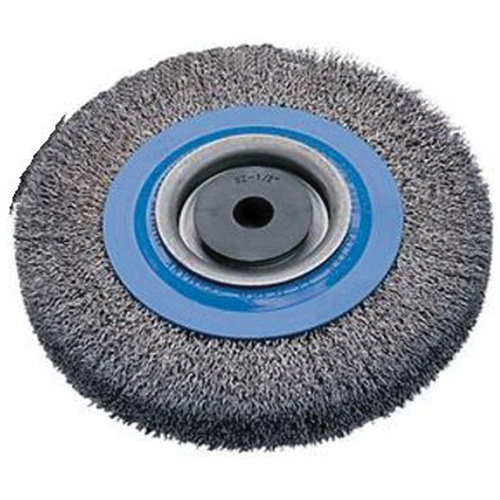Crimped Wire Bench Wheel Brush, 6" Dia., 0.0118" Fill, 1/2" - 1-1/4" Arbor Trail Hammer and Bolt