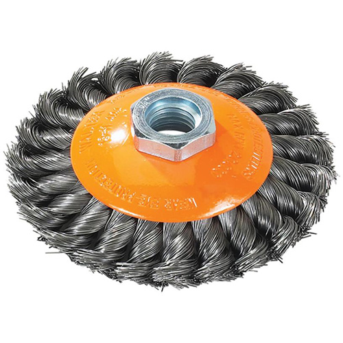 Knot-Twisted Saucer Cup Wire Wheel, 7" Dia., 0.02" Fill, 5/8"-11 Arbor, Steel Trail Hammer and Bolt
