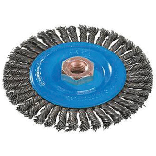 Stringer Bead Knotted Wire Brush, 4" Dia., 0.02" Fill, 5/8"-11 Arbor, Aluminum/Stainless Steel Trail Hammer and Bolt