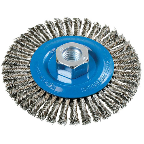 Brosse &agrave; fils nou&eacute;s pour cordons de soudure, Dia. 4-1/2", Fils 0,02", Arbre 5/8"-11, Aluminium/Acier inoxydable Trail Hammer and Bolt