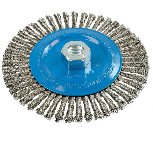Knot-Twisted Stringer Bead Wire Wheel, 6" Dia., 0.02" Fill, 5/8"-11 Arbor, Aluminum/Stainless Steel Trail Hammer and Bolt