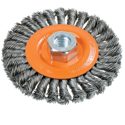 Wide Knotted Wire Wheel Brush, 4-1/2" Dia., 0.02" Fill, 5/8"-11 Arbor, Steel Trail Hammer and Bolt