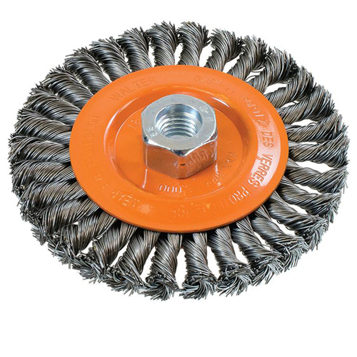 Wide Knotted Wire Wheel Brush, 5" Dia., 0.02" Fill, 5/8"-11 Arbor, Steel Trail Hammer and Bolt