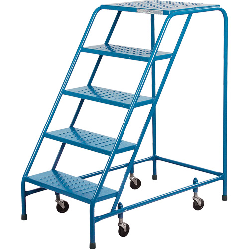 Rolling Step Ladder, 5 Steps, 18" Step Width, 46" Platform Height, Steel Trail Hammer and Bolt