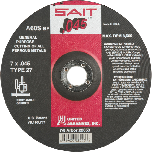 Depressed Center Cut-Off Wheel, 7" x 0.045", 7/8" Arbor, Type 27, Aluminum Oxide, 8500 RPM Trail Hammer and Bolt