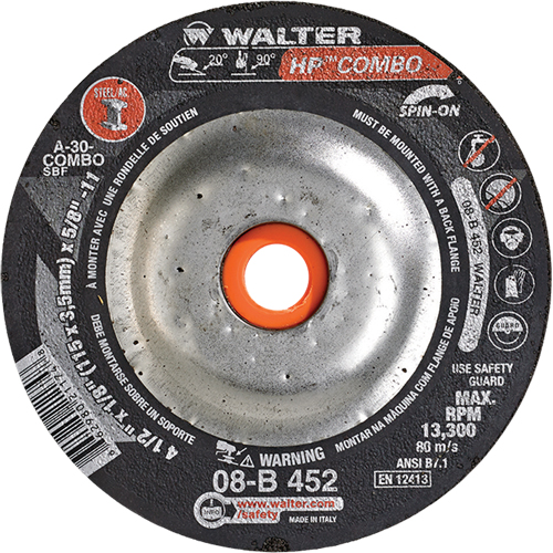 HP Combo Spin-On Combination Wheel, 4-1/2" x 1/8", 5/8"-11 Arbor, Type 27S Trail Hammer and Bolt