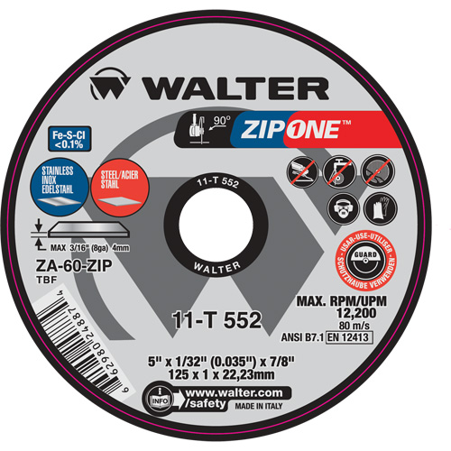 Zip One Cut-Off Wheel, 5" x 1/32", 7/8" Arbor, Type 1, Zirconia Alumina, 12200 RPM Trail Hammer and Bolt
