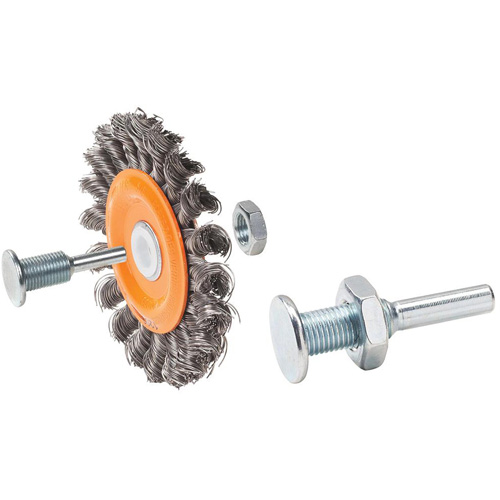 Reversible Mounted Knot-Twisted Wire Wheel, 4" Dia., 0.0118" Fill, 5/8" Arbor, Steel Trail Hammer and Bolt