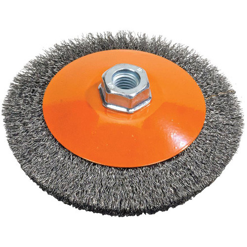 Meule soucoupe &agrave; fils cr&ecirc;p&eacute;s, 6" dia., Fils 0,012", Arbre 5/8"-11 Trail Hammer and Bolt