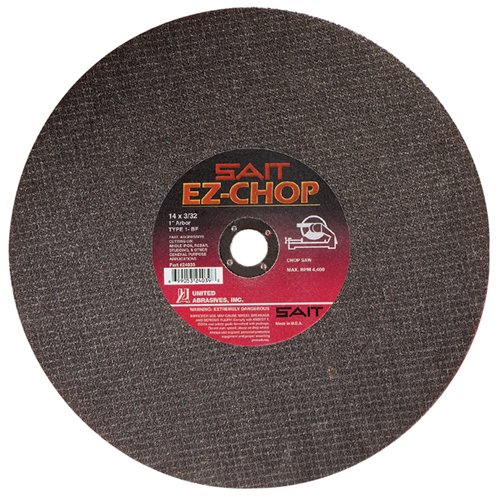 EZ-Chop&reg; Chop Saw Wheel, 14" x 3/32", 1" Arbor, Type 1, Aluminum Oxide, 4400 RPM Trail Hammer and Bolt