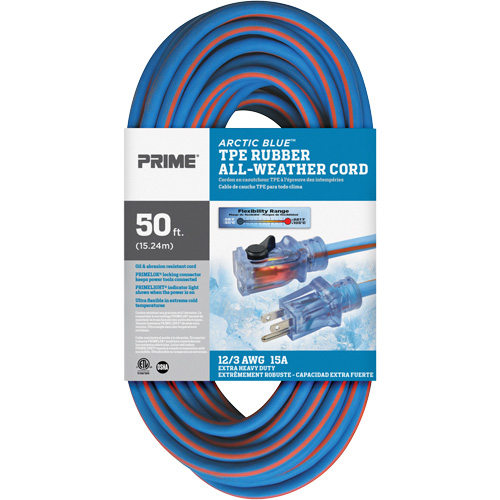 Cordon rallonge verrouillable toute saison en caoutchouc TPE Arctic Blue, Toutes saisons, SJEOW, AWG 12/3, 15 A, 50' Trail Hammer and Bolt