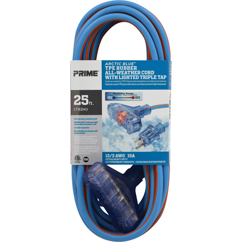 Arctic Blue TPE-Rubber Extension Cord, All-Weather, SJEOW, 12/3 AWG, 15 A, 3 Outlet(s), 25' Trail Hammer and Bolt