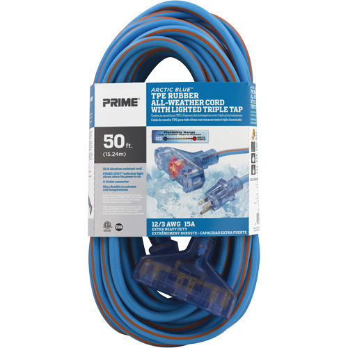 Arctic Blue TPE-Rubber Extension Cord, All-Weather, SJEOW, 12/3 AWG, 15 A, 3 Outlet(s), 50' Trail Hammer and Bolt