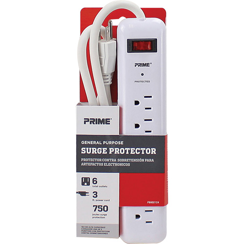 Surge Protector, 6 Outlets, 750 J, 1875, 3' Cord Trail Hammer and Bolt