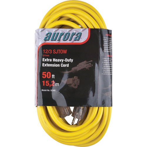 Vinyl Extension Cord with Light Indicator, Outdoor, SJTOW, 12/3 AWG, 15 A, 50' Trail Hammer and Bolt