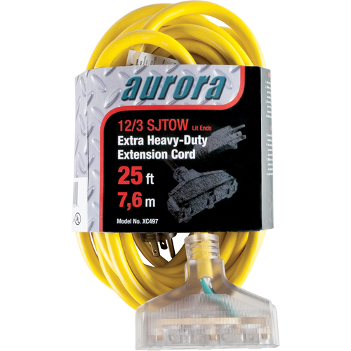 Vinyl Extension Cord with Light Indicator, Outdoor, SJTOW, 12/3 AWG, 15 A, 3 Outlet(s), 25' Trail Hammer and Bolt