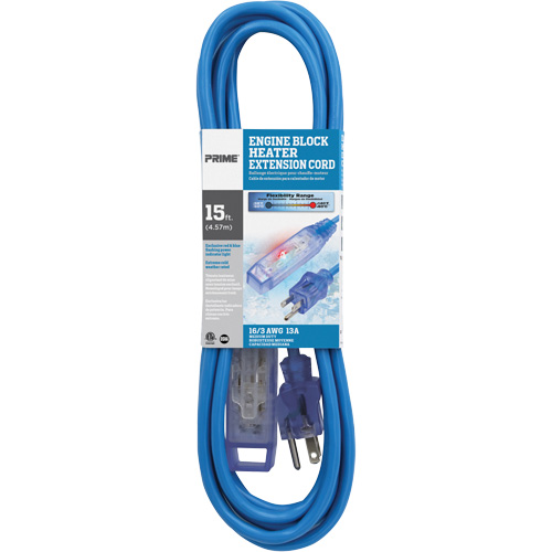 Glacier Flex Engine Block Heater Cord, All-Weather, SJTW, 16/3 AWG, 13 A, 3 Outlet(s), 15' Trail Hammer and Bolt