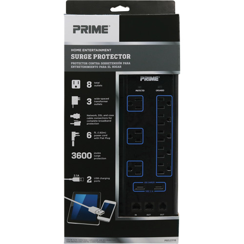 USB Charging Surge Protectors, 8 Outlets, 3600 J, 1875 W, 6' Cord Trail Hammer and Bolt