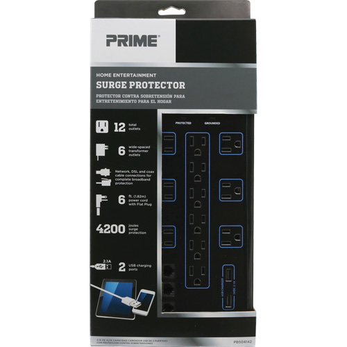 USB Charging Surge Protectors, 12 Outlets, 4200 J, 1875 W, 6' Cord Trail Hammer and Bolt