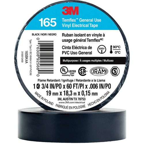 Temflex General Use Vinyl Electrical Tape 165, 19 mm (3/4") x 18 M (60'), Black, 6 mils Trail Hammer and Bolt
