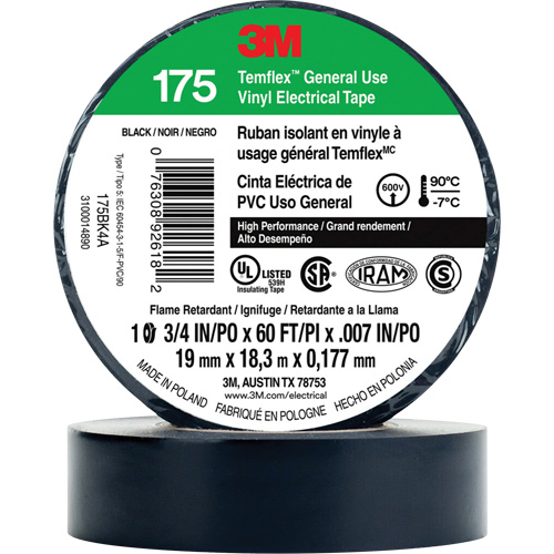 Temflex General Use Vinyl Electrical Tape 175, 19 mm (3/4") x 18 M (60'), Black, 7 mils Trail Hammer and Bolt