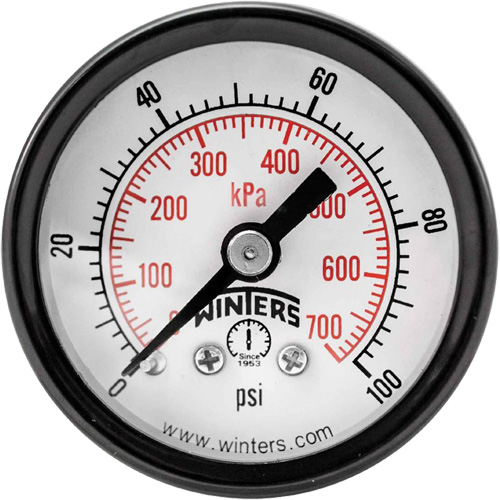 Economy Pressure Gauge, 1-1/2" , 0 - 100 psi, Back Mount, Analogue Trail Hammer and Bolt